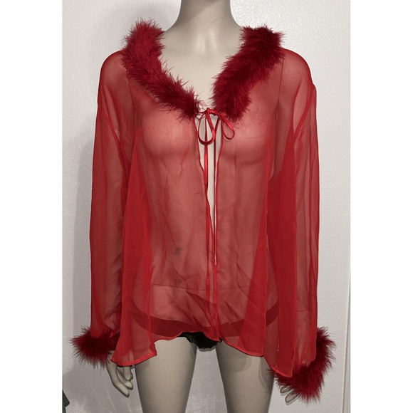 Cinema Etoile Tops - Vtg Cinema Etoile Red Sheer Mesh Boudoir Bed Jacket Faux Fur Trim Coquette Sz M